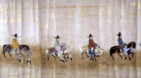 Sjette koreanske ambassade til Japan i Meireki 1 på tidspunktet for Tokugawa Ietsunas arvefølge i 1651, muligvis af Kano Masunobu (1625-94) (rullemaleri) (detaljer) af Japanese School