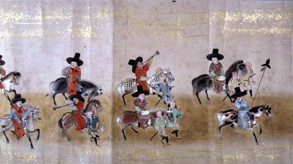 Sjette koreanske ambassade til Japan i Meireki 1 på tidspunktet for Tokugawa Ietsunas arvefølge i 1651, muligvis af Kano Masunobu (1625-94) (rullemaleri) (detaljer) af Japanese School