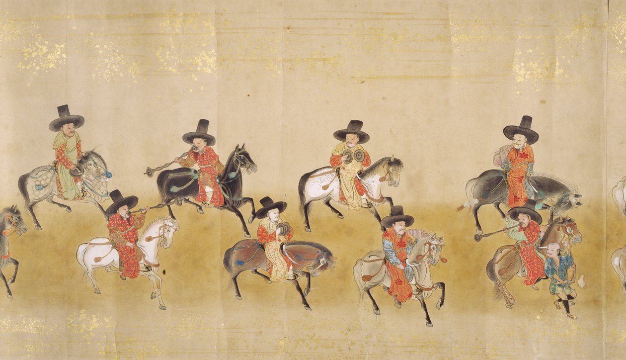 Sjette koreanske ambassade til Japan i Meireki 1 på tidspunktet for Tokugawa Ietsunas arvefølge i 1651, muligvis af Kano Masunobu (1625-94) (rullemaleri) (detaljer) af Japanese School