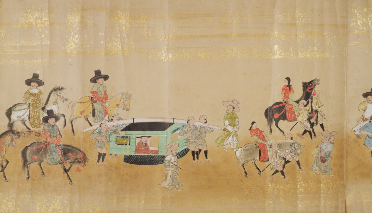 Sjette koreanske ambassade til Japan i Meireki 1 på tidspunktet for Tokugawa Ietsunas arvefølge i 1651, muligvis af Kano Masunobu (1625-94) (rullemaleri) (detaljer) af Japanese School