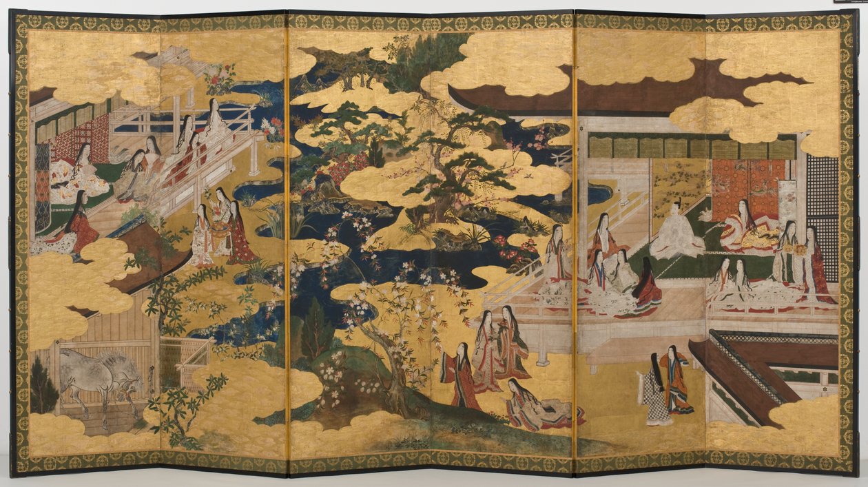 Spring in the Palace, seksdobbelt skærm fra The Tale of Genji, ca. 1650 (blæk, farver og guld på papir) af Japanese School