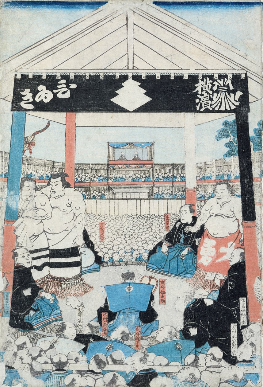 Sumobrydere ved at begynde en kamp (træbloktryk) af Japanese School