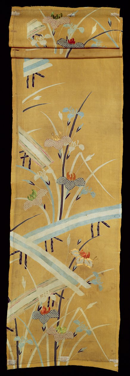 Tekstilprøve med iris og broer (broderet silke med stencildetaljer) af Japanese School