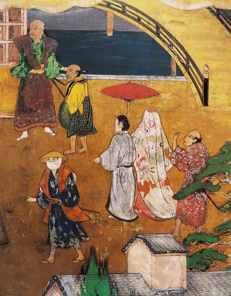 Portugisernes ankomst til Japan, detalje af et gadebillede, fra en Namban Byobu-skærm, 1594-1618 af Japanese School