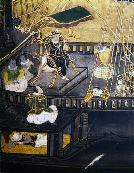 Portugisernes ankomst til Japan, detalje, der viser mænd i den centrale del af et skib, fra en Namban Byobu-skærm, 1594-1618 af Japanese School
