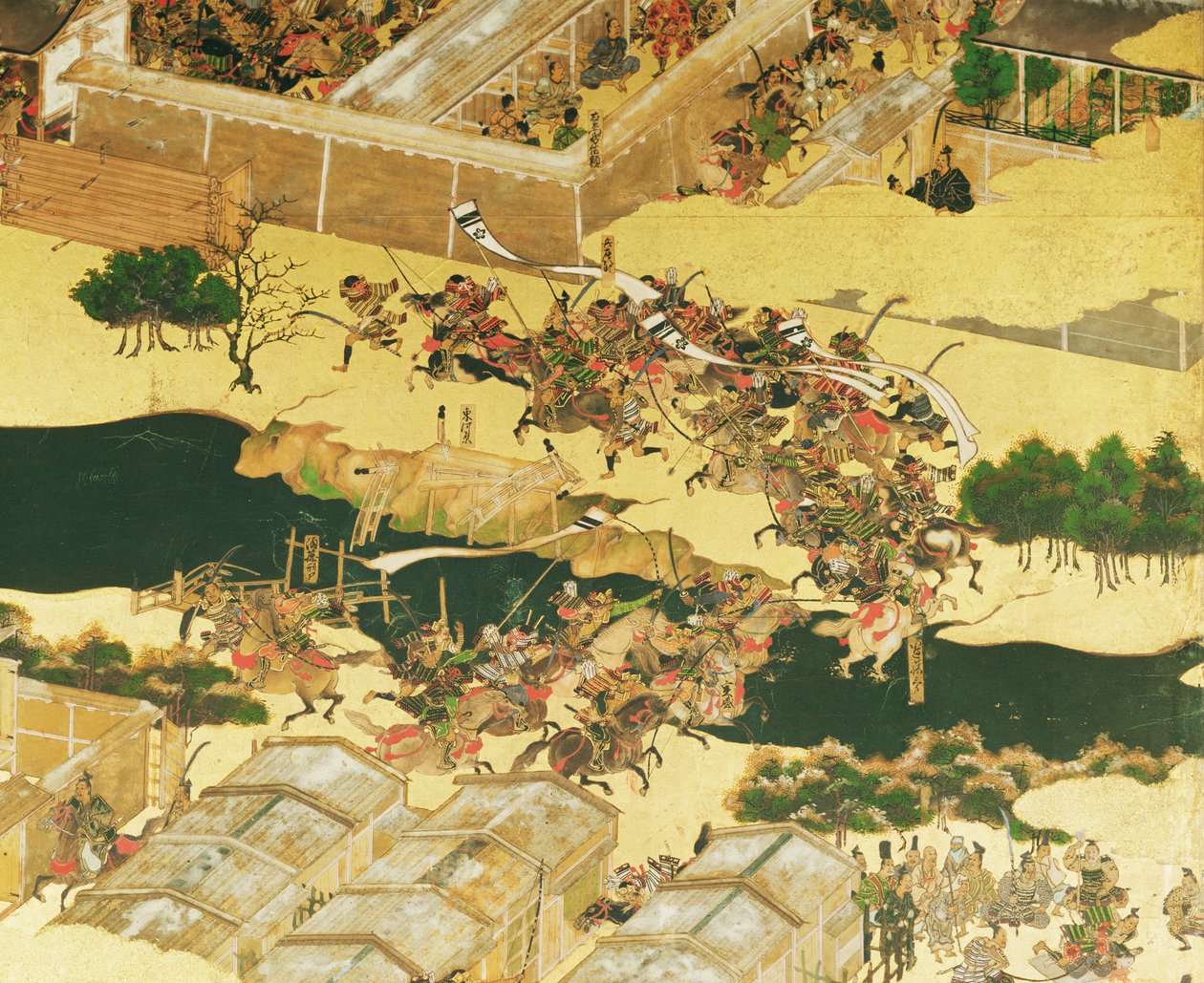 Slaget ved Hogen fra en skærm, Momayama-perioden (1568-1600) (pen og blæk, farve og guld på panel) (detalje) af Japanese School