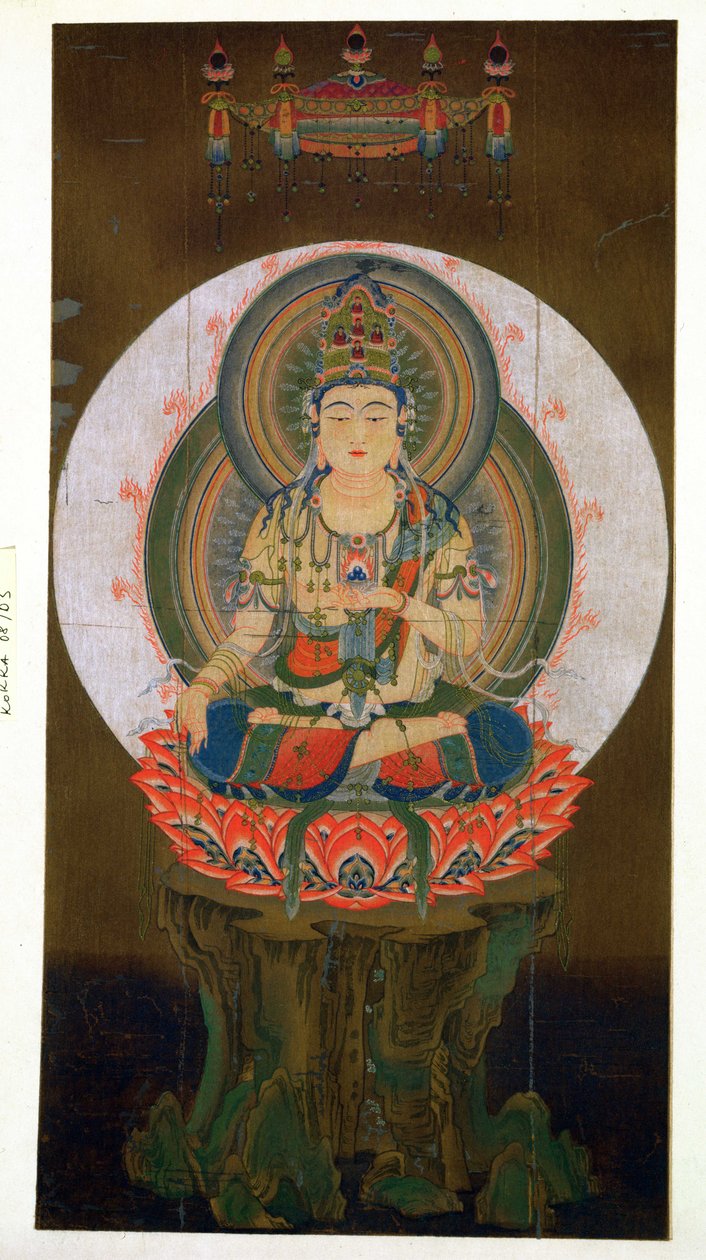 Bodhisattvaen Akasharba holder Cintamani-juvelen (ønskegivende) i venstre hånd og sidder på en lotus, illustration efter en kakemono fra det 9. århundrede fra Daigo-templet, udgivet i Th. af Japanese School