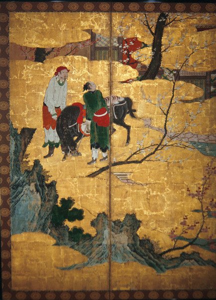 Retsbesøget af de fire vismænd på Mount Shang; Su Shis-besøg i vind- og vandhulen, detaljer fra et par foldeskærme med seks paneler, Momoyama Period (wc & guld på papir) af Japanese School