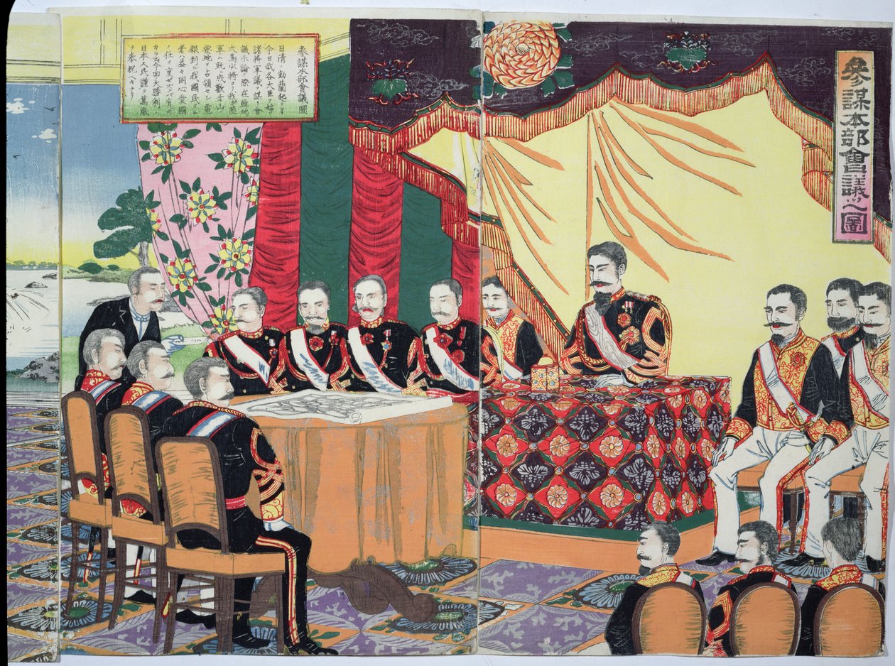 Kejseren Mutsuhito (1852-1912) Holder et krigsråd, en episode fra den kinesisk-japanske krig, slutningen af det 19. århundrede (træblok i farver) (se også 176841) af Japanese School