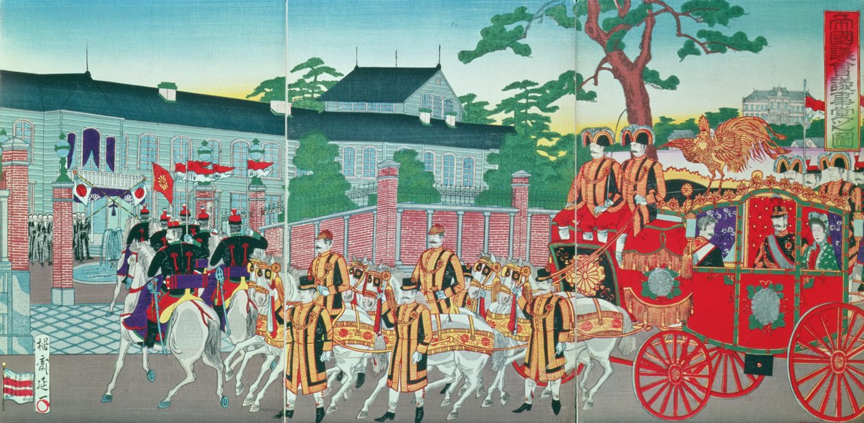 Kejseren Mutsuhito (1852-1912) vender tilbage til sit palads i Tokyo, slutningen af det 19. århundrede (træblok i farver) af Japanese School