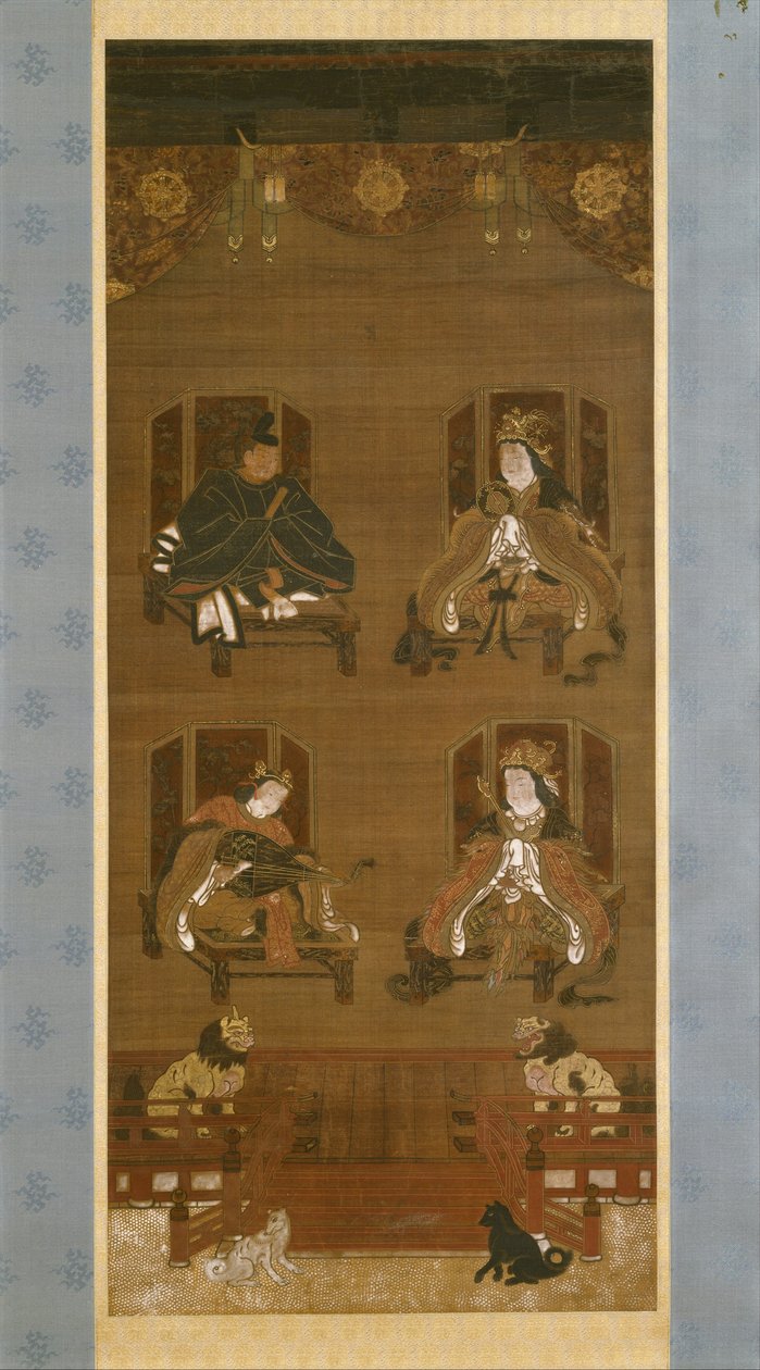 The Four Deities of K?yasan Temple Complex, slutningen af det 14. århundrede, Nanbokuch? periode (1336–92), hængende rulle (blæk, farve og guld på silke) af Japanese School