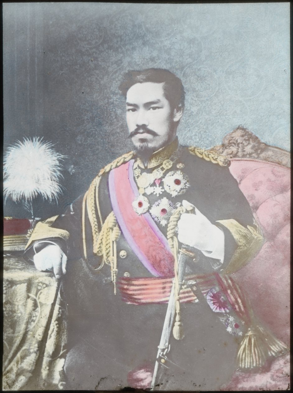 Meiji-kejseren, ca. 1880 (håndfarvet glasrute) af Japanese School