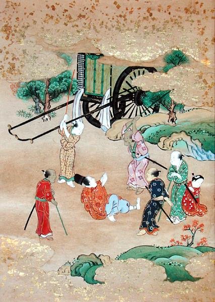 Munken Shogaku (1126-1235) bliver angrebet af brigander (akvarel på papir) af Japanese School