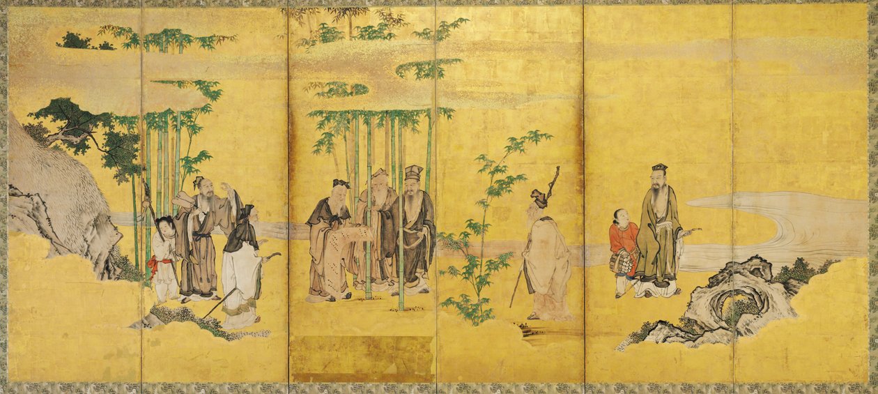 De syv vismænd i bambuslunden, Kan? skole (blæk, farve, guld og bladguld på papir) af Japanese School