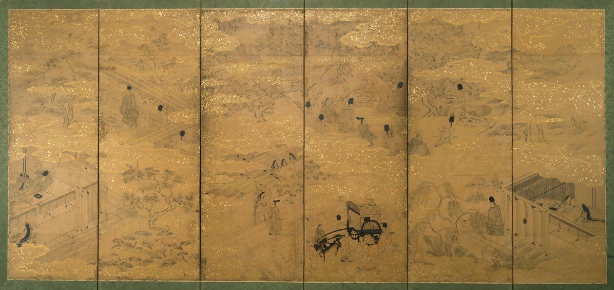 The Tale of Genji, slutningen af det 17.-begyndelsen af det 18. århundrede (blæk med pigment og bladguld på glimmerpapir) (par af 171423) af Japanese School