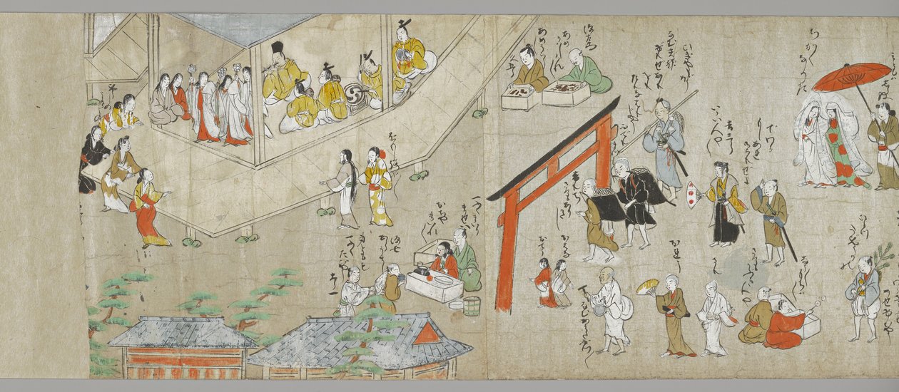 Tenjin Shrine Scrolls (en af et par) (detalje), Tosa School, 1600-tallet (blæk, farve & gofun på papir) (se også 5846316) af Japanese School