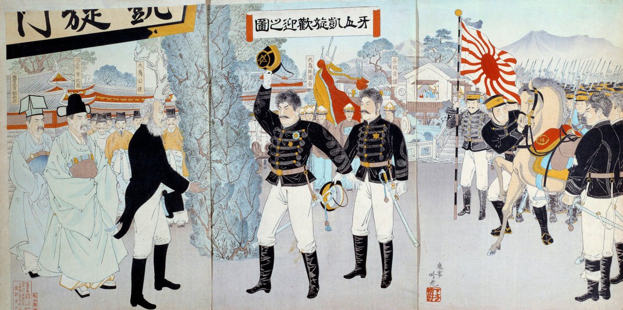 Fremkomsten af det japanske imperium: repræsentation af det tidligere japanske samfund til venstre baseret på et fødedalt system og det nye til højre, vendt mod udviklingen af de militære styrker, der ville føre Japan til krige mod Kina og Rusland. af Japanese School