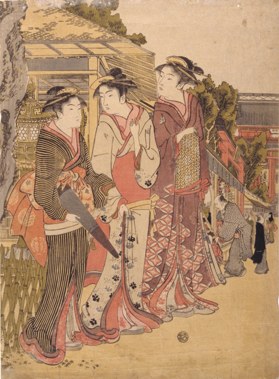 Three Beautys In The Marketplace (træbloktryk i farver) af Japanese School