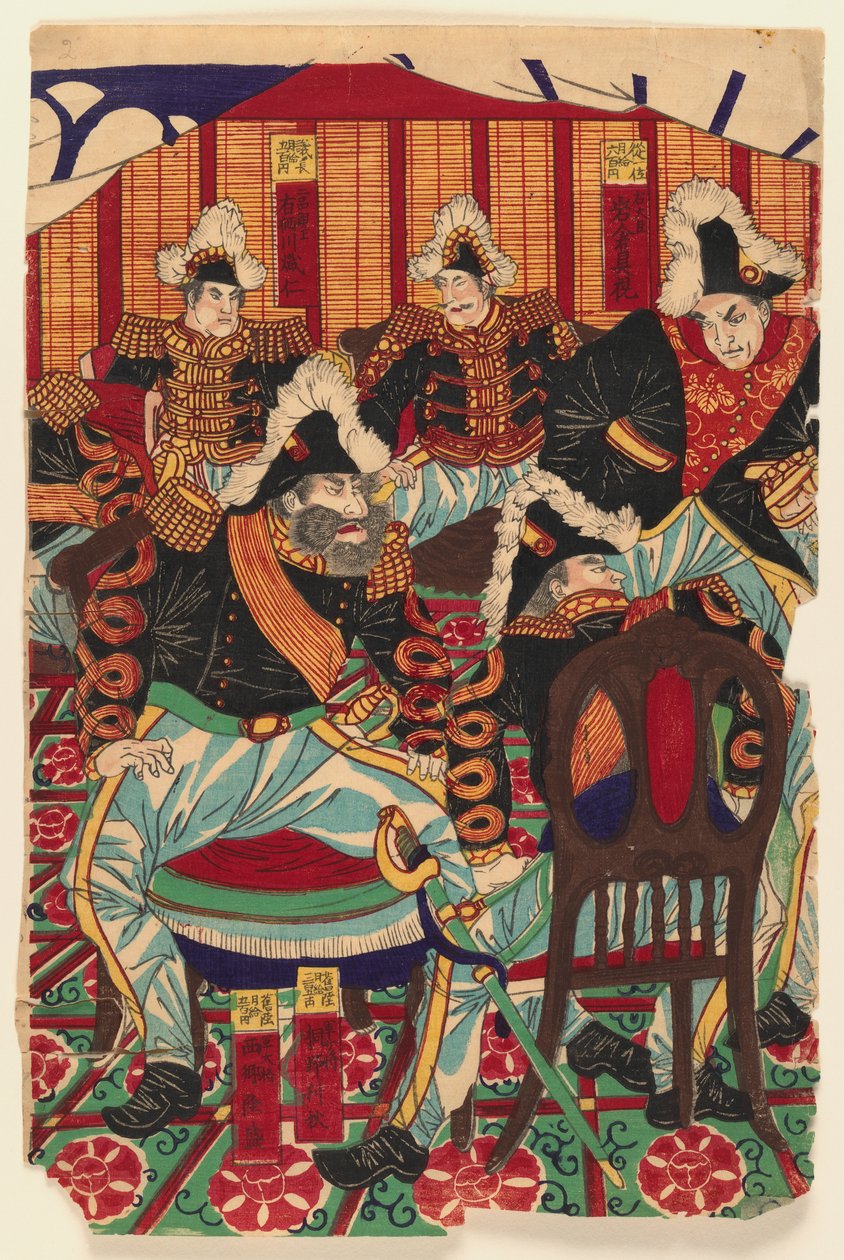 Tre ark af en triptykon, 1868-1912 (træbloktryk) (se også 406925 & 406927) af Japanese School