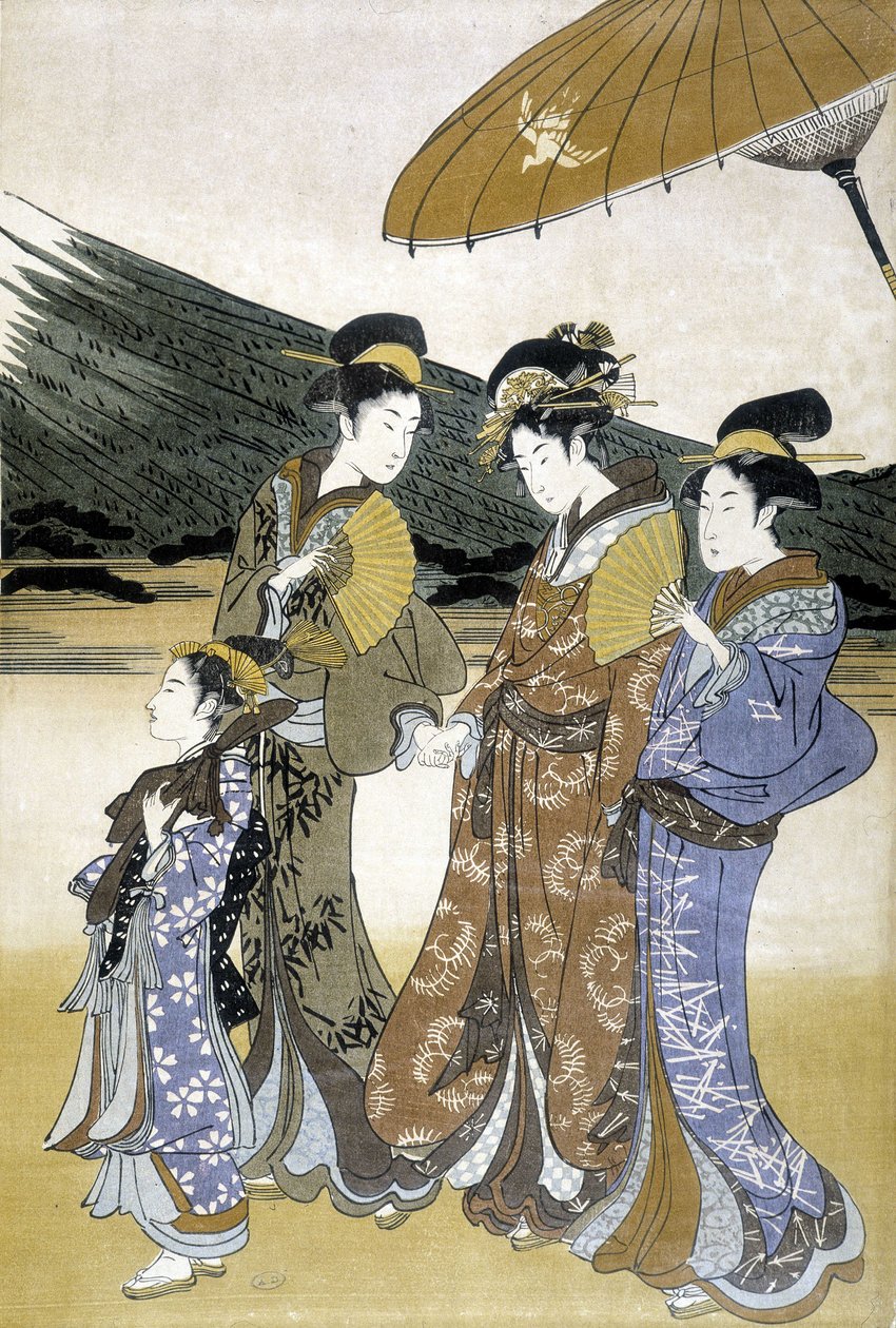Tre kvinder og børn, japansk tryk af Japanese School