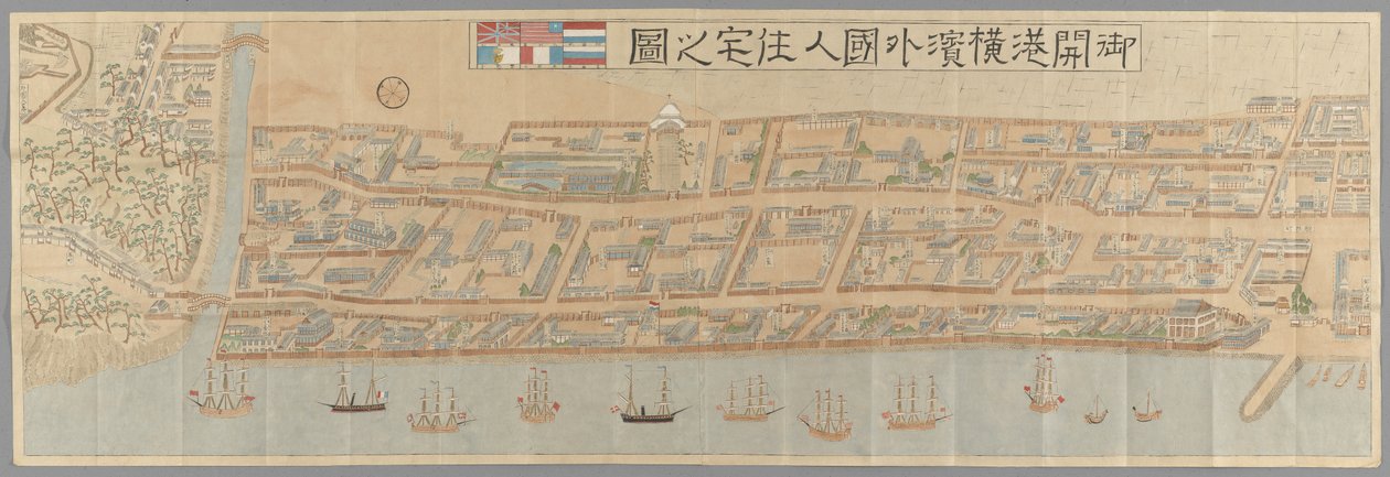 Topografisk visning af den udenlandske bosættelse i Yokohama efter åbningen af traktathavnene i 1859, der viser individuelle grunde besat af navngivne britiske, amerikanske hollandske og portugisiske virksomheder og husholdninger. Udateret men mellem 1861  af Japanese School