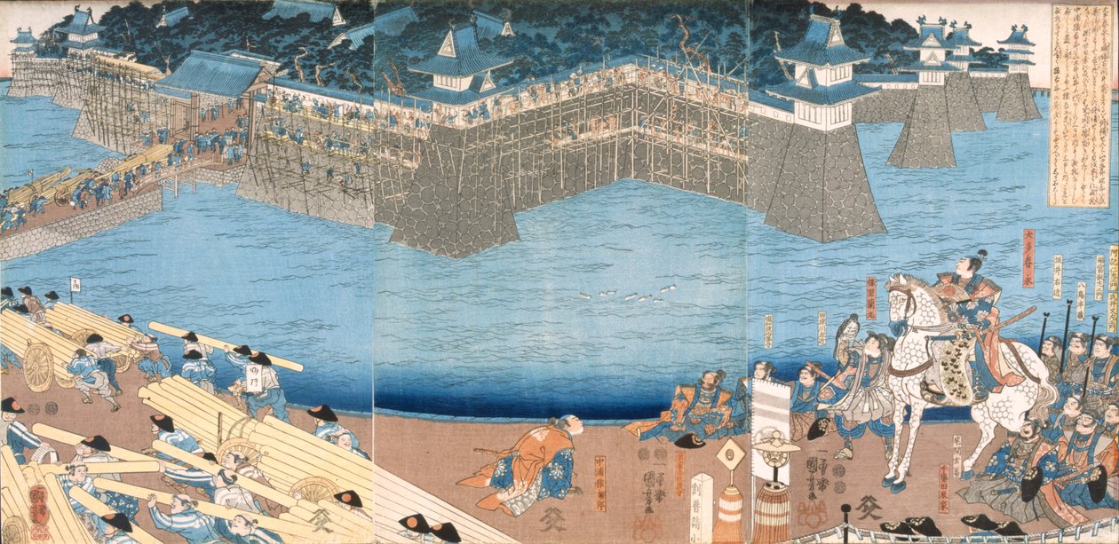 Triptykon, der viser et fort, der bygges ved floden Kunigos, Edo-perioden 1603-1868. af Japanese School