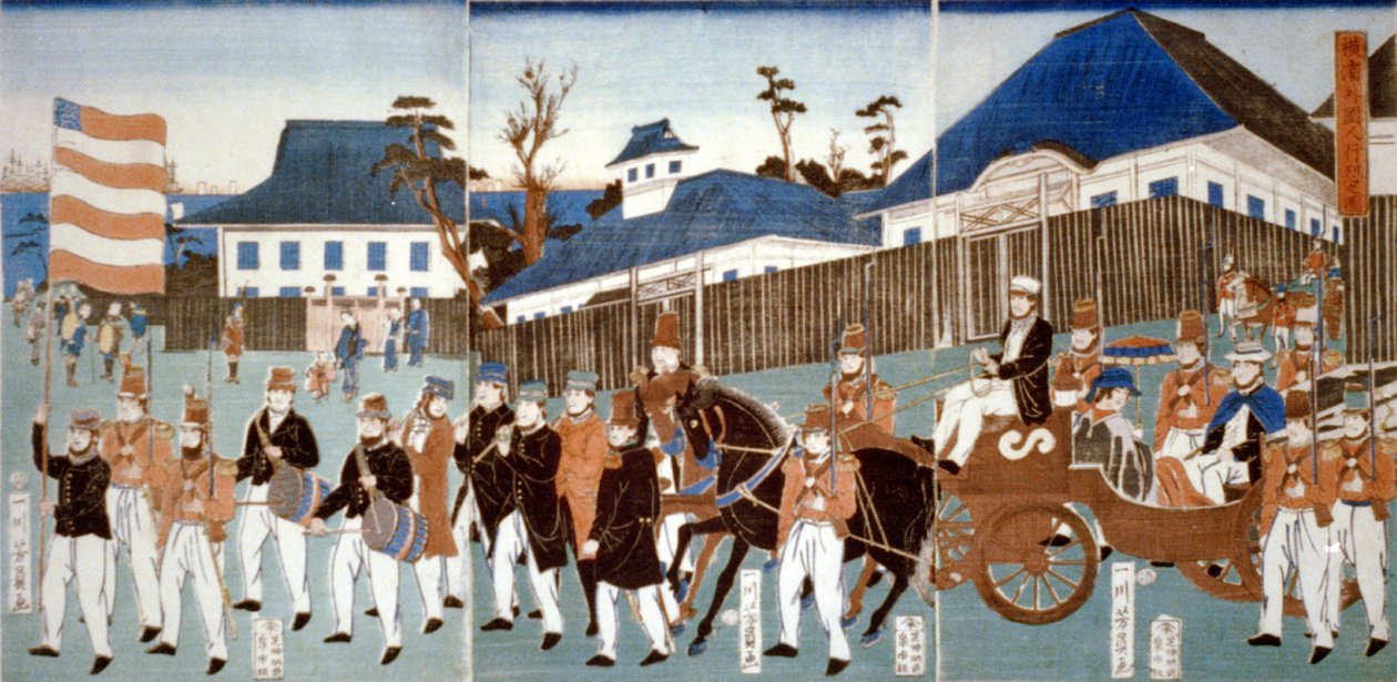 Triptykon, der viser en parade af udlændinge, Yokohama, i en hestetrukket åben vogn og ledet af en mand med stjerner og striber og et militærorkester, 1861. Utagawa Yoshigawa (aktiv 1850-1870) japansk ukiyo-e kunstner. af Japanese School