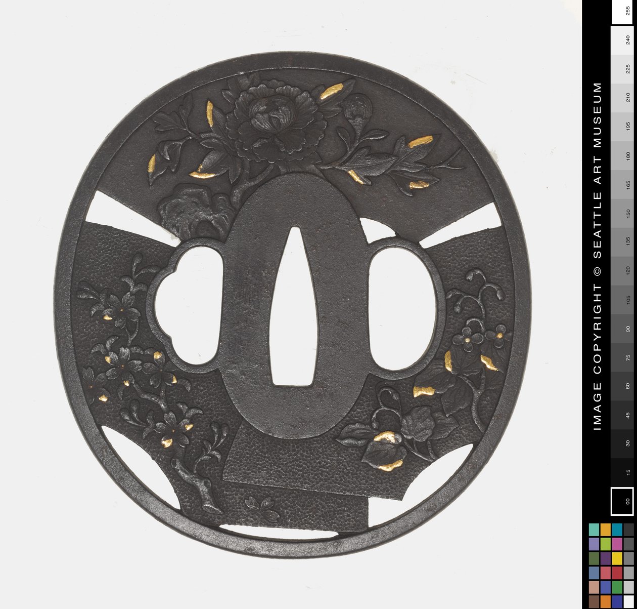 Tsuba: Krysantemum, Kirsebær, Iris af Japanese School