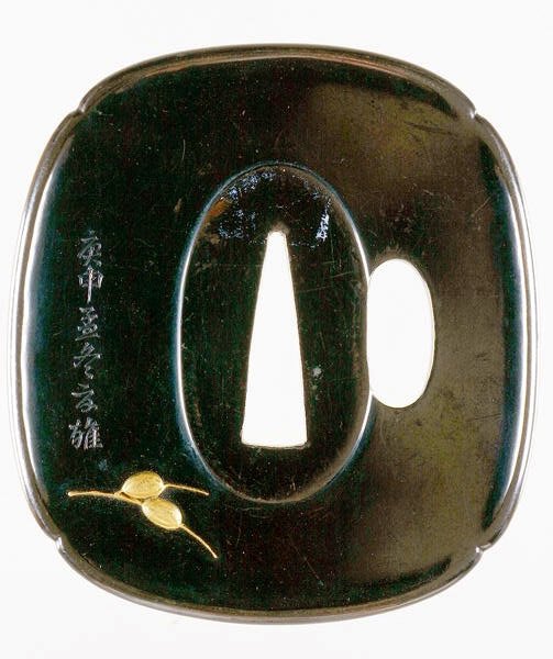 Tsuba, japansk sværdbeskytter (shakudo kobber og guldlegering) (se forfra se 210153) af Japanese School