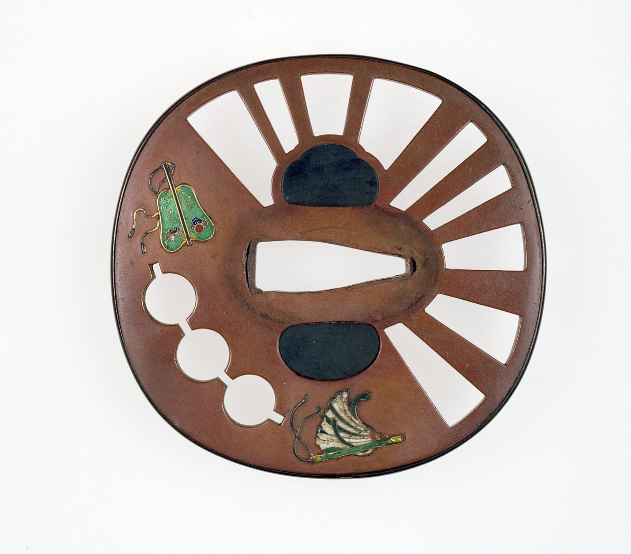 Tsuba dekoreret med vifter (kobber med emalje) af Japanese School