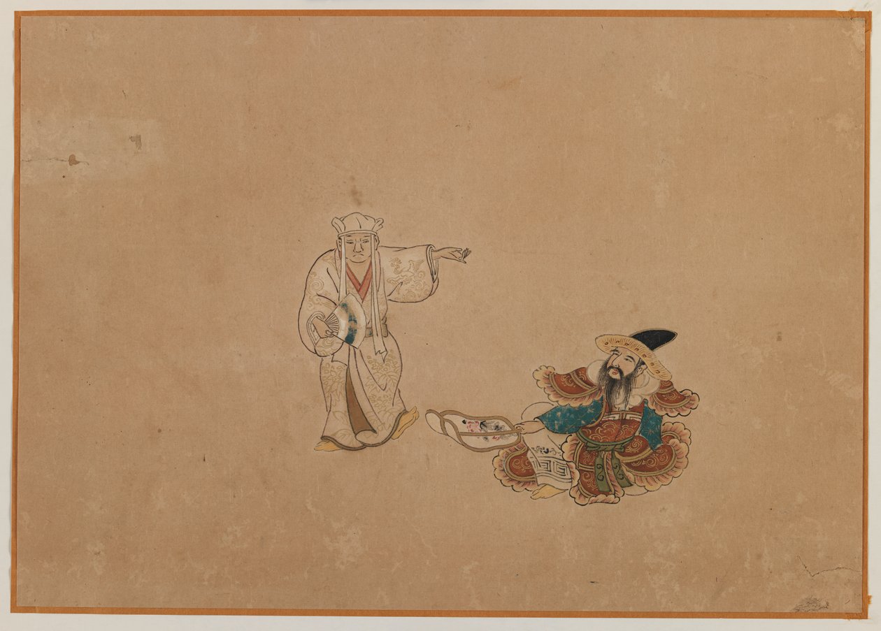 To figurer, albumbladmaleri (blæk og farve på papir) af Japanese School