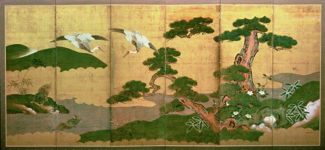 To kraner, der dykker bag fyrretræ og stenskov, Edo-perioden af Japanese School