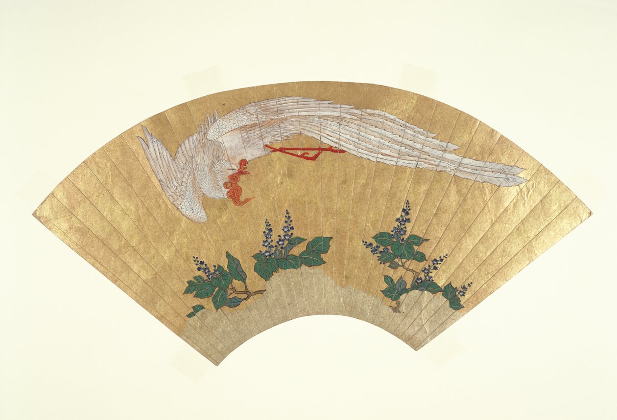 Umonteret ventilator: Fugledykning på snedækket bambus, ca. 1700-60 (guld & wc på papir) af Japanese School
