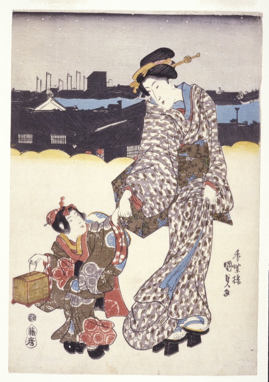 Uden titel (A Woman And Child) (farvetræsnit) af Japanese School