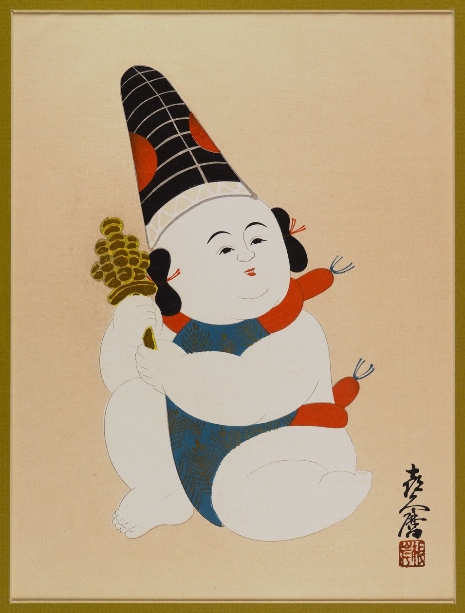 Uden titel (Siddende dreng, iført hat, og holder et legetøj) (træblok farvetryk) af Japanese School
