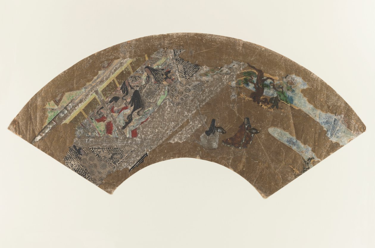 Uden titel - Vifteformet maleri af damer, der sidder i en pavillon og spiller et spil, 1603-1868 af Japanese School