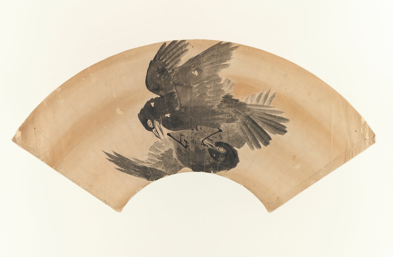 Uden titel - vifteformet tegning af to fugle, 1603-1868 (blæk på papir) af Japanese School