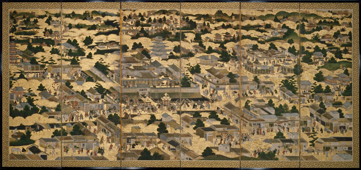 Views In and Around Kyoto (Rakuchu rakugai zu), ca. 1616-24 (blæk, farve og bladguld på papir) af Japanese School
