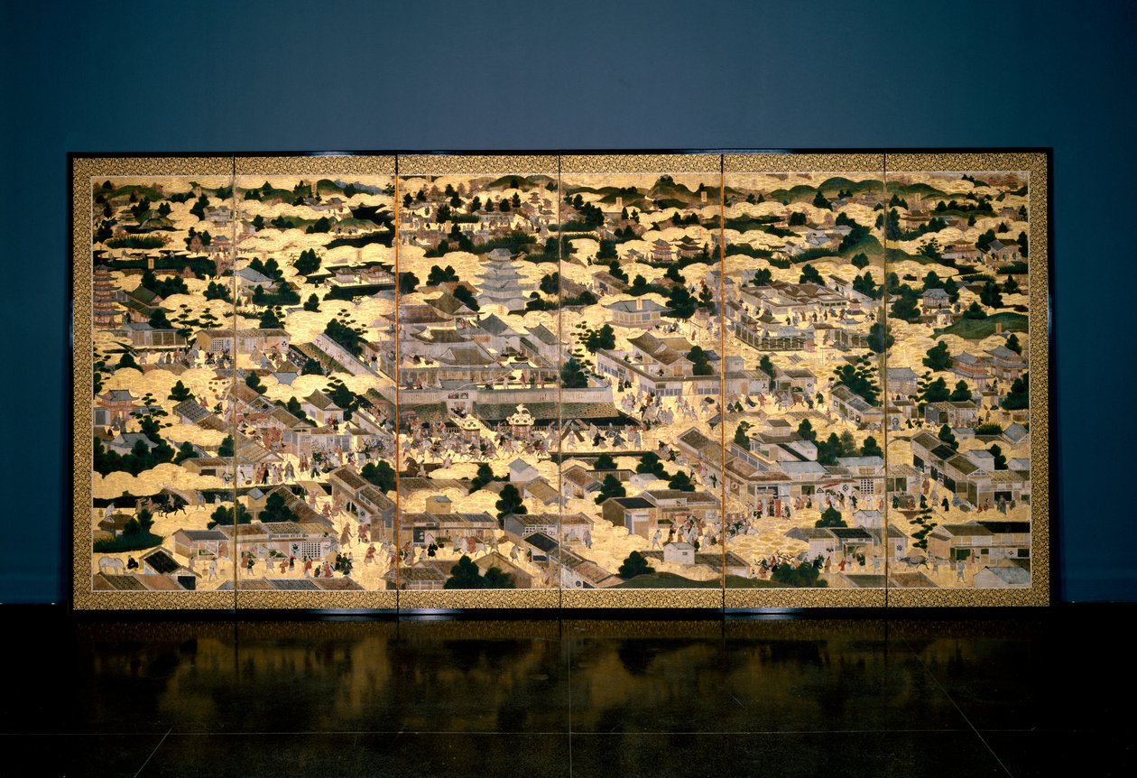 Udsigter i og omkring Kyoto, Edo-perioden, ca. 1616-24 (blæk, farve og bladguld på papir) af Japanese School