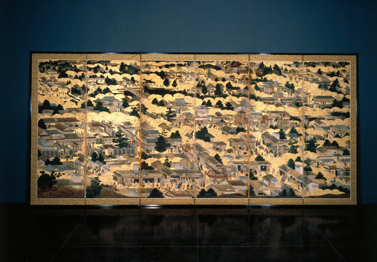 Udsigter i og omkring Kyoto, Edo-perioden, ca. 1616-24 (blæk, farve og bladguld på papir) af Japanese School