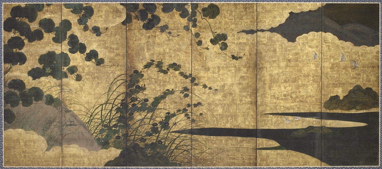 Vinstokke, hytte, græsser og kystfugle, Momoyama-perioden, 1568-1615 (guld, blæk og farve på papir) af Japanese School