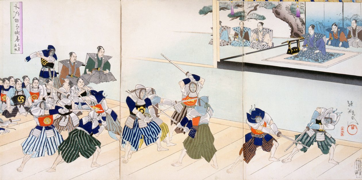 Warlord ser samurai øve deres sværdspil (træblok i farver) af Japanese School