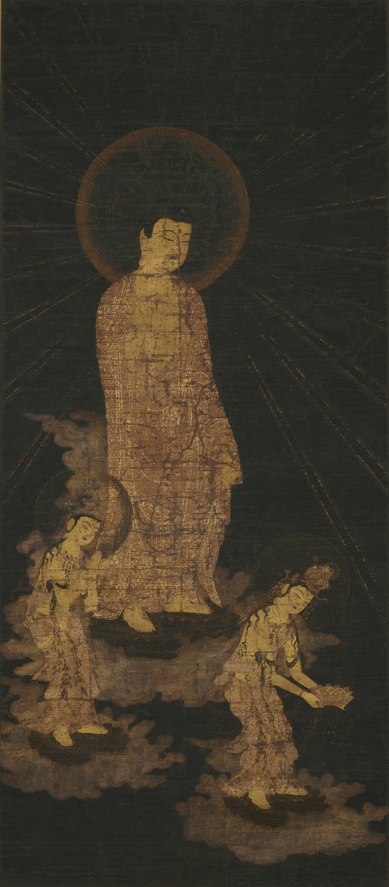 Indbydende Descent of the Amida Buddha Triad (guld og farve på indigo-farvet silke) af Japanese School