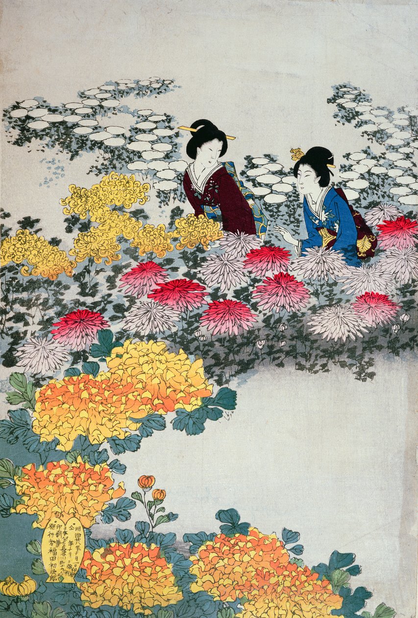 Kvinder i en blomstrende have (træbloktryk i farver) af Japanese School