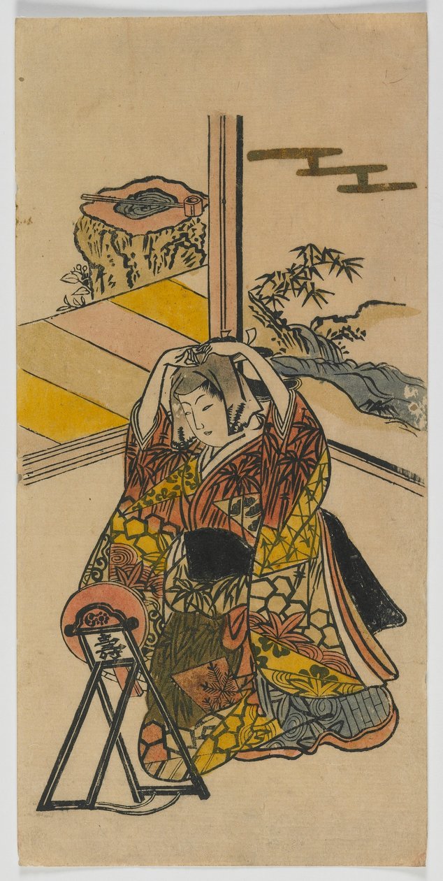 Ung kvinde knælende ved siden af et spejl, Edo-periode, 1720