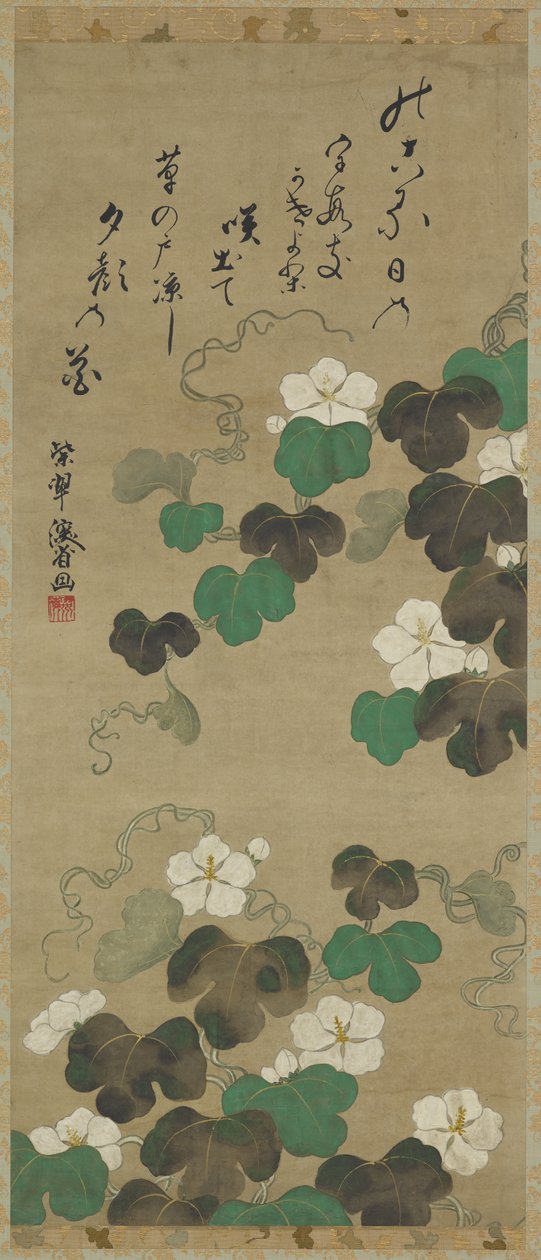 Yugao vinstokke og et digt, hængende rulle (monteret på panel), 18.-19. århundrede (farve på papir) af Japanese School