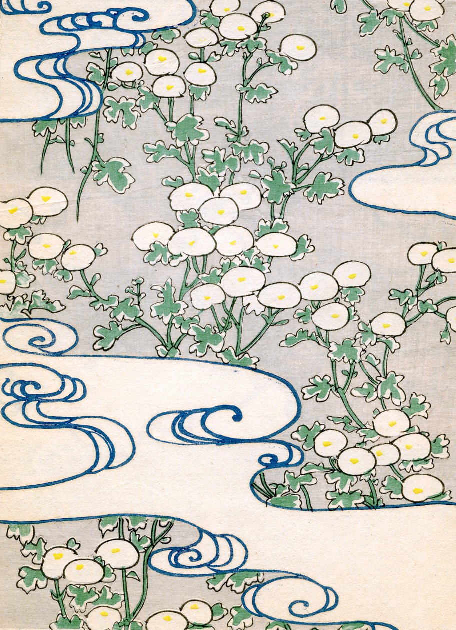 farve træblok print af Blooming Vines og Wave Pattern af Japanese School