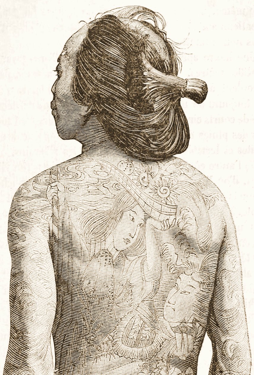 mand med traditionelle japanske Irezumi-tatoveringer, ca. 1880 af Japanese School