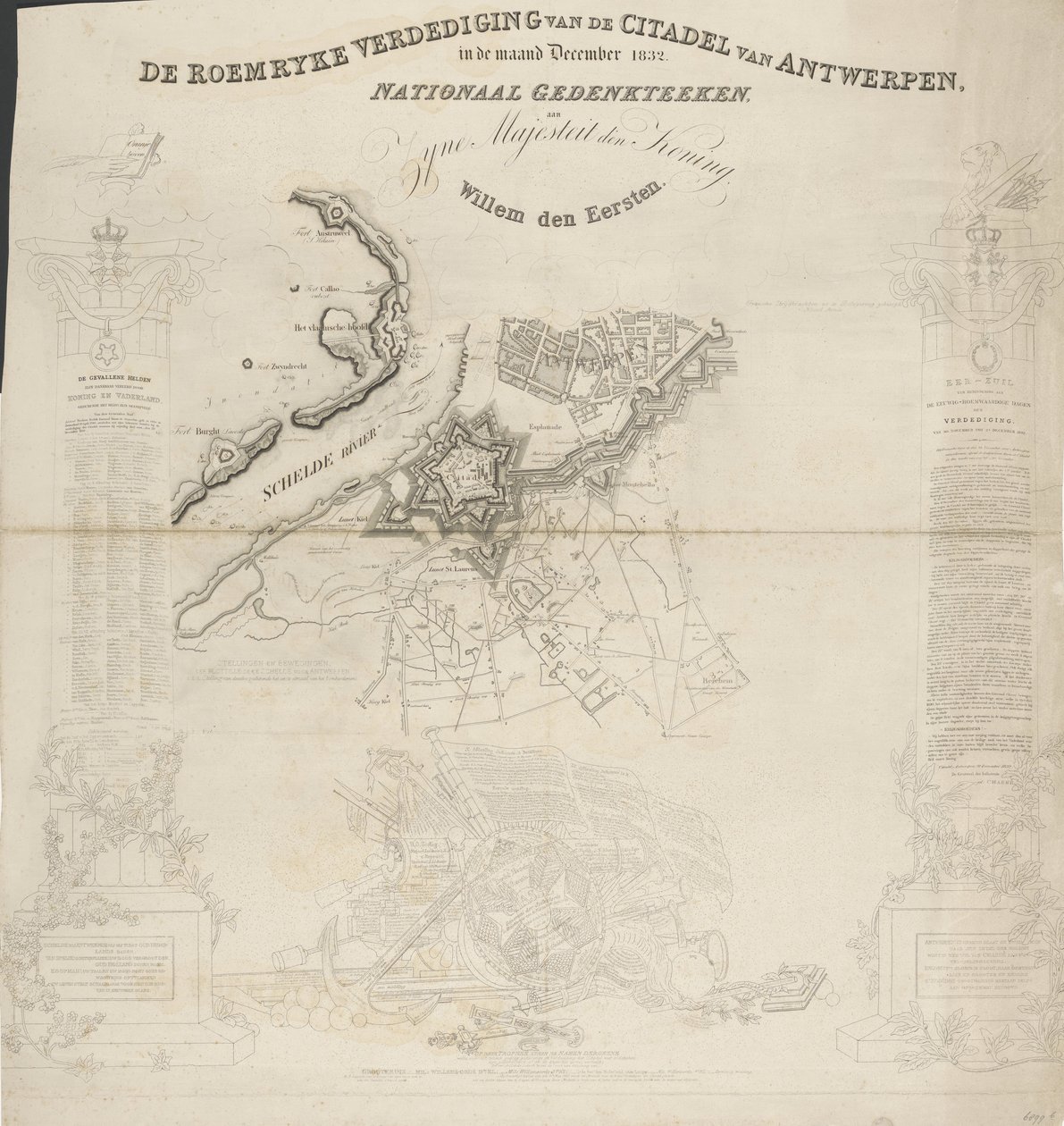 Roemryke-forsvaret af Citadellet i Antwerpen, i december måned 1832. Nationalt mindesmærke, til Hans Majestæt Kongen, Willem den Eerste (titel på objektet) af Ja.s Wyld