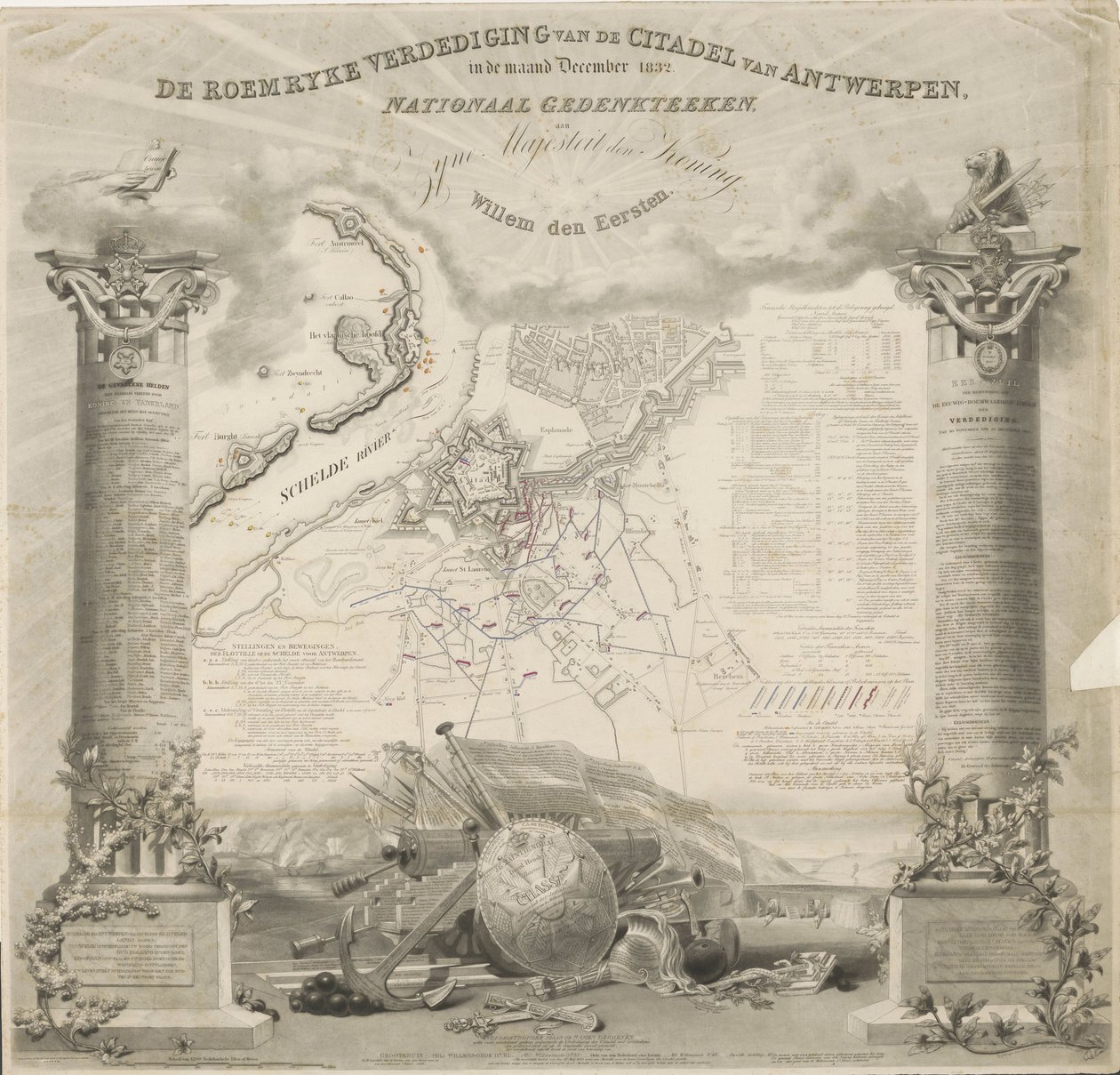 Roemryke-forsvaret af Citadellet i Antwerpen, i december måned 1832. Nationalt mindesmærke, til Hans Majestæt Kongen, Willem den Eerste (titel på objektet) af Ja.s Wyld